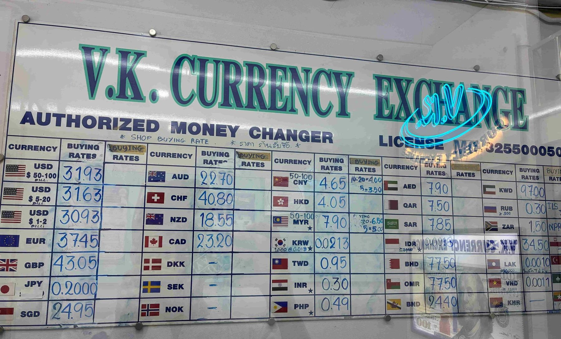 The rate board at a licensed currency exchange office in Chiang Mai