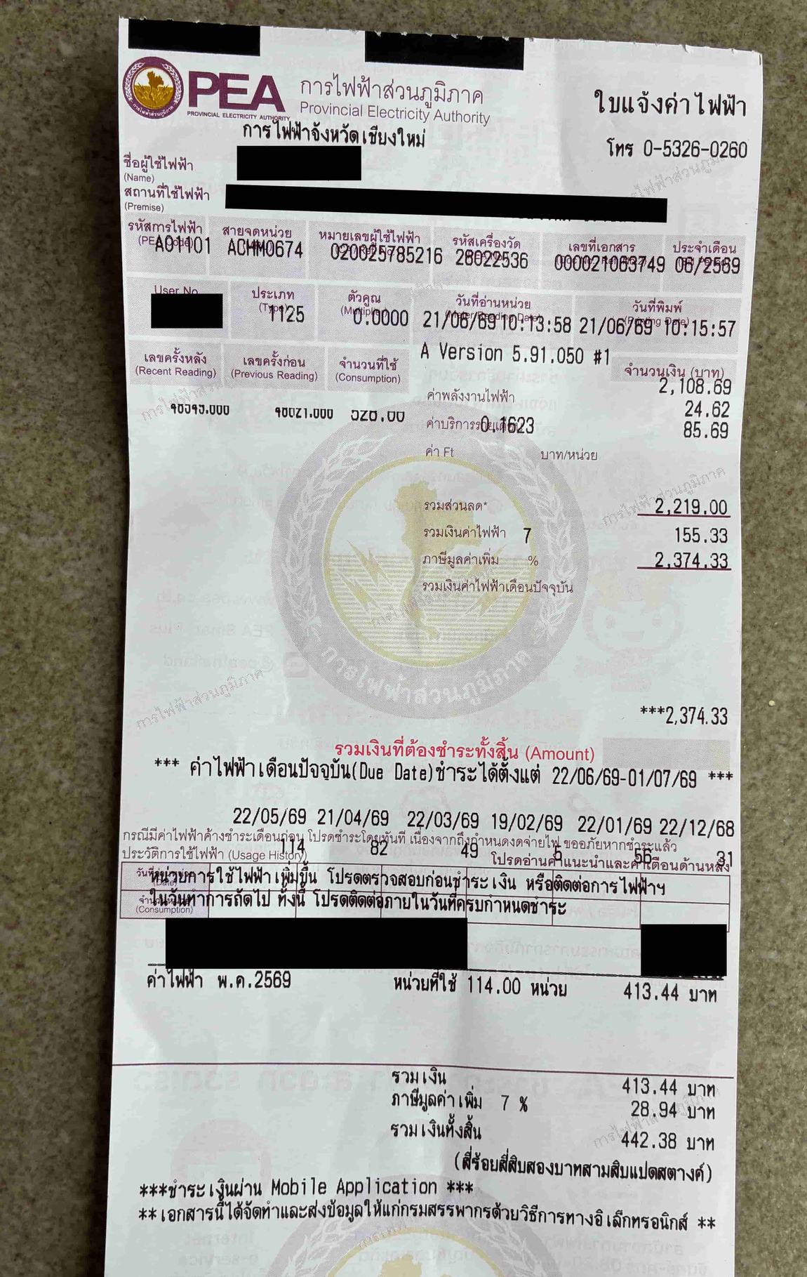 Our first full month in Chiang Mai: 2,374 baht for electricity