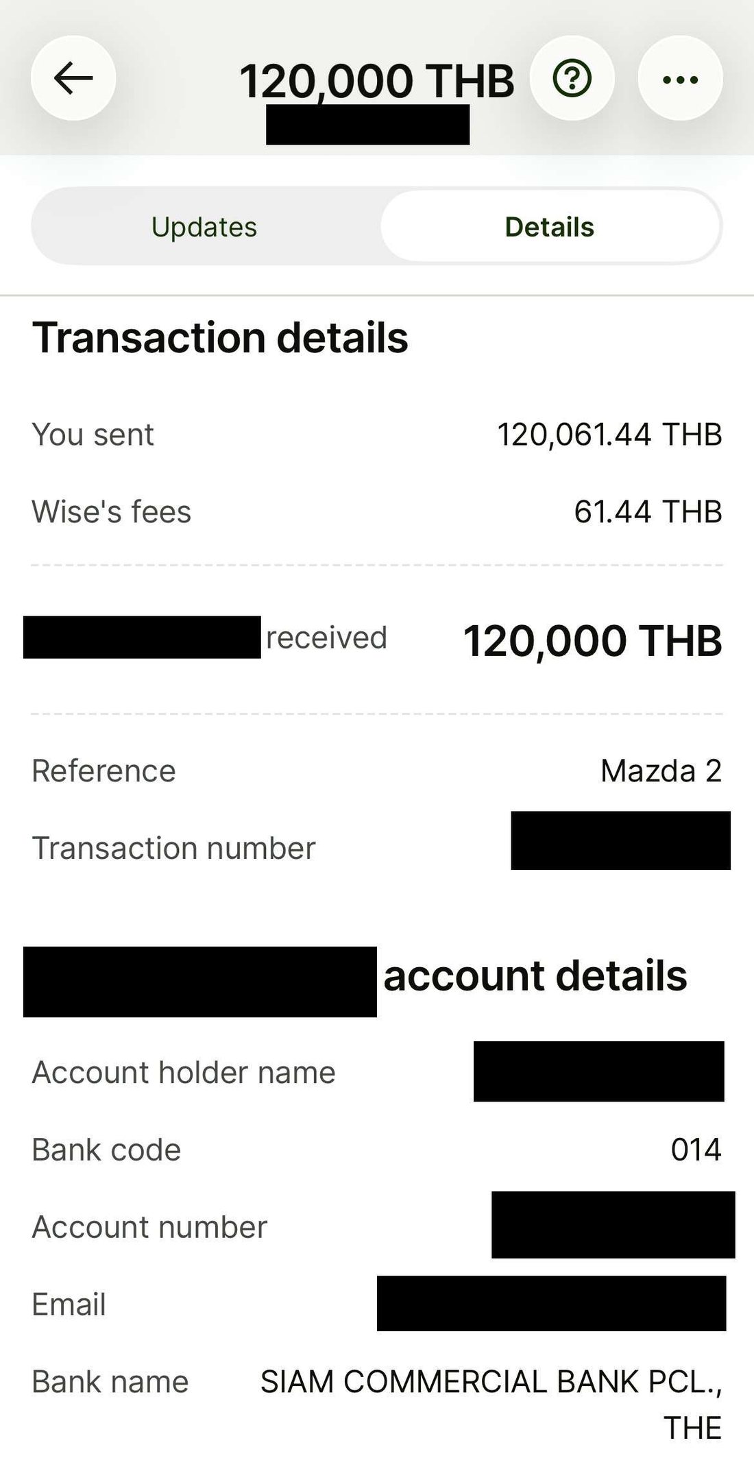 A 120,000 THB transfer sent to a Thai bank account from a multi-currency account abroad
