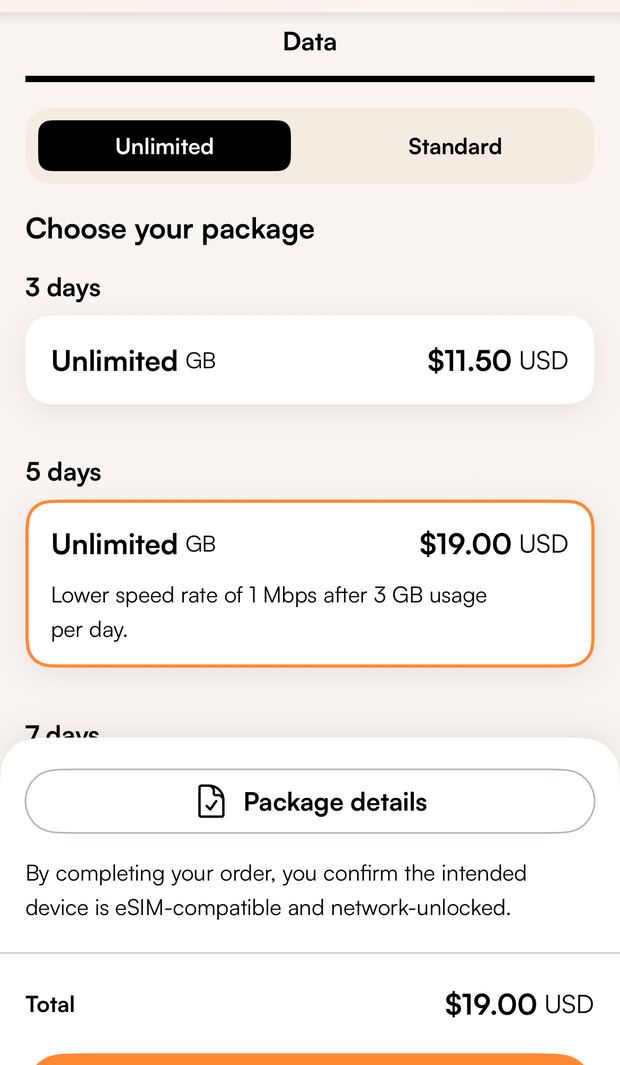 The Airalo purchase screen for my China eSIM: five days unlimited for US$19.00, with speeds reduced above 3GB a day