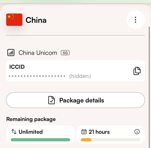 My Airalo China eSIM showing China Unicom on 5G with unlimited data remaining