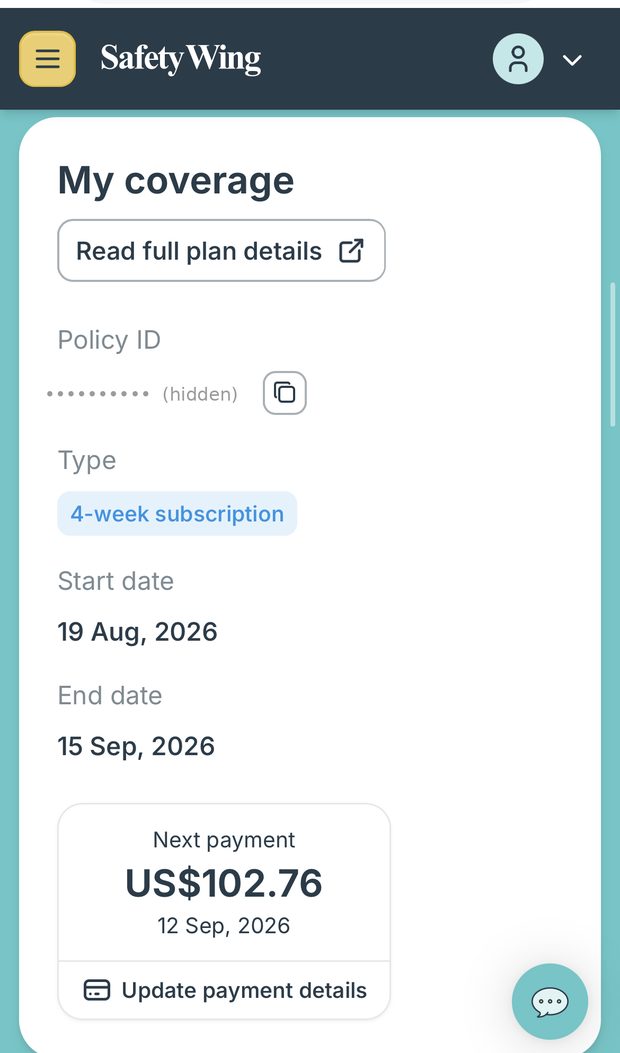 The SafetyWing Essential subscription our family uses, showing the 28-day cycle and the US$102.76 renewal
