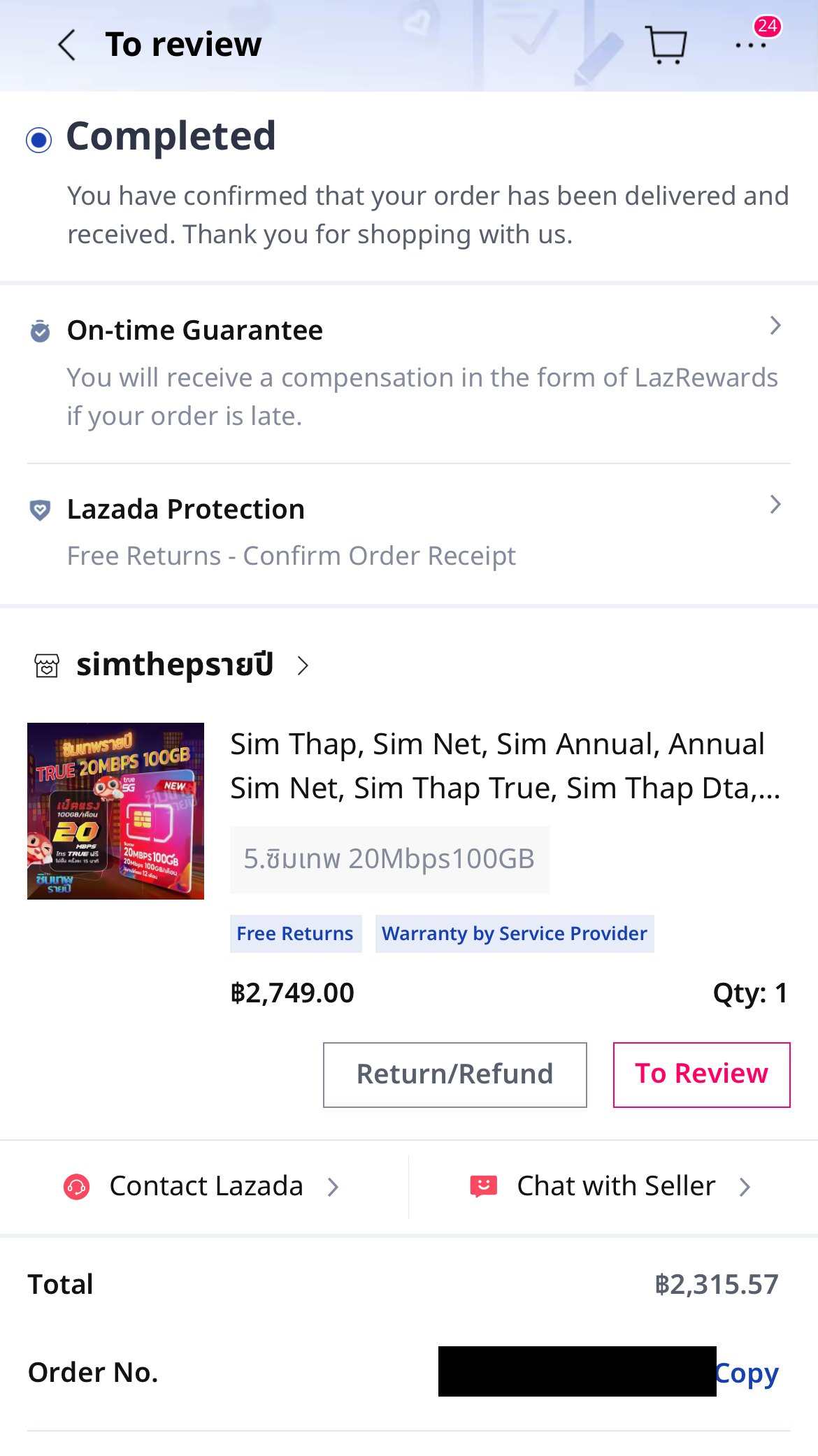 A Lazada order for an annual Thai data SIM, 100GB a month for twelve months