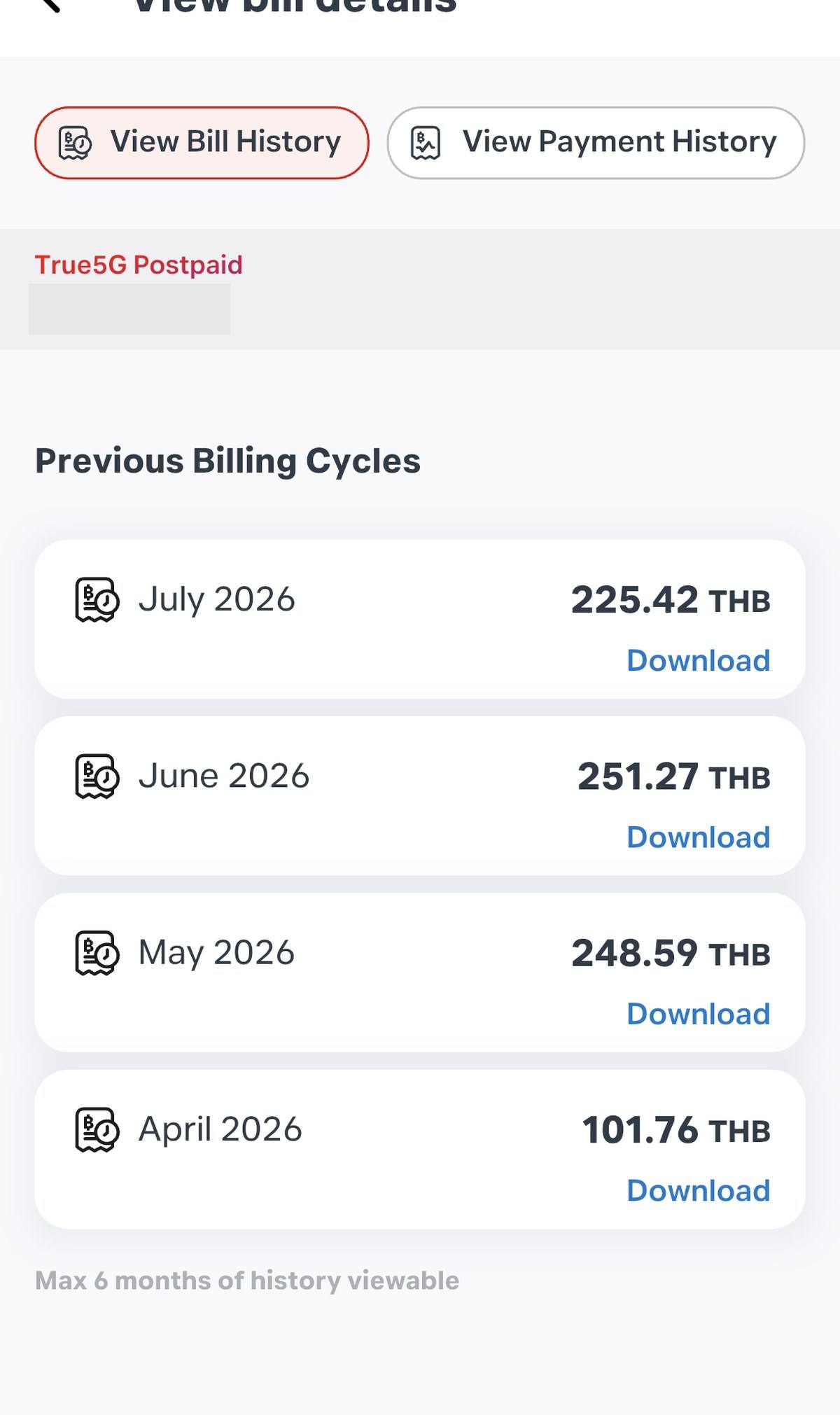 Four months of True5G postpaid bills in Thailand, from 101.76 to 251.27 THB